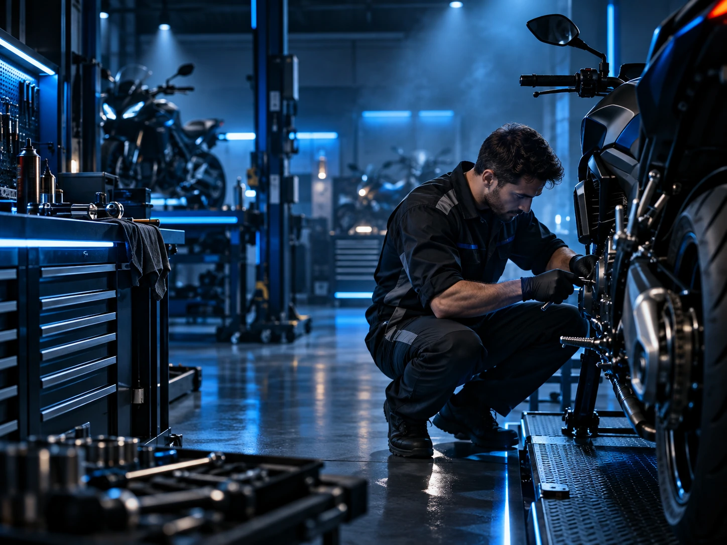 Mecánico revisando una motocicleta