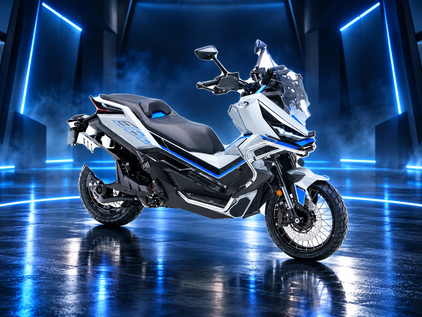 Ilustración referencial de maxi scooter blanca y azul en showroom
