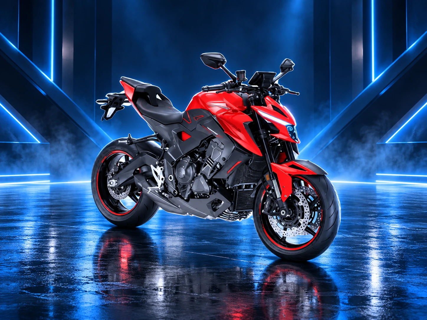 Ilustración referencial de motocicleta naked roja con fondo de showroom azul