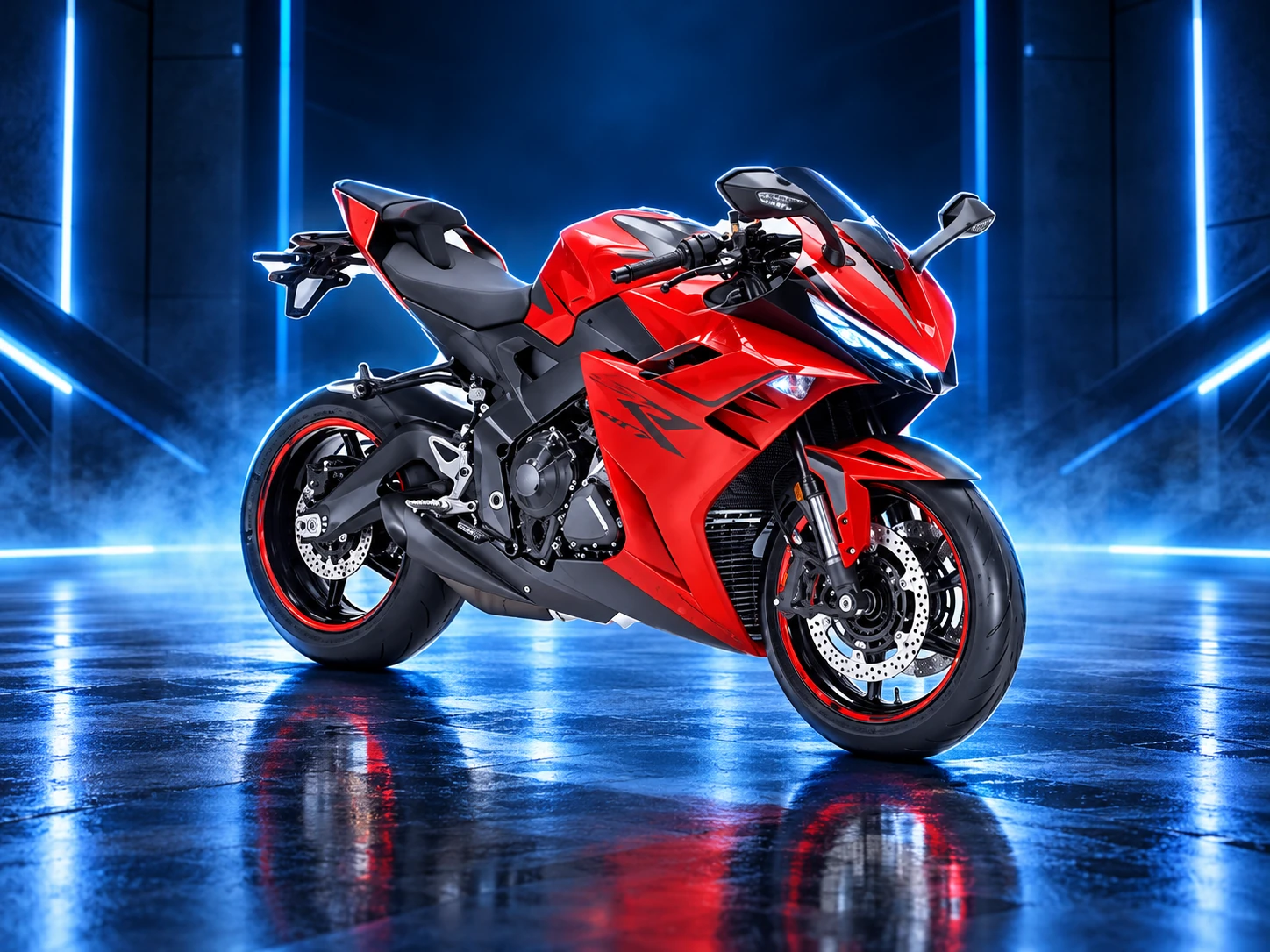 Ilustración referencial de motocicleta super sport roja con fondo de showroom azul